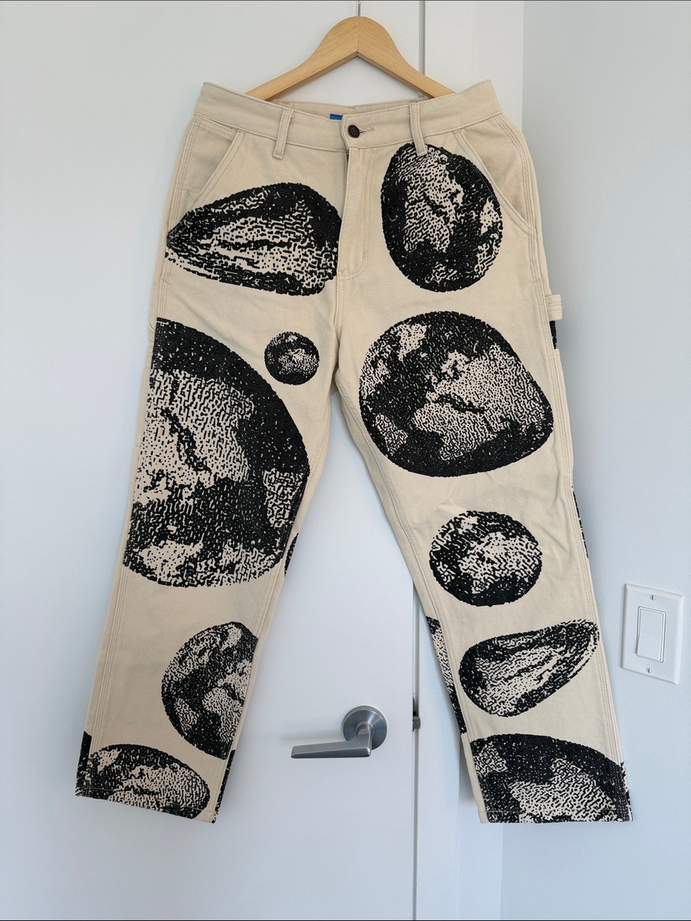 Men's Cream Cargo Pants with Black Planet Graphic
